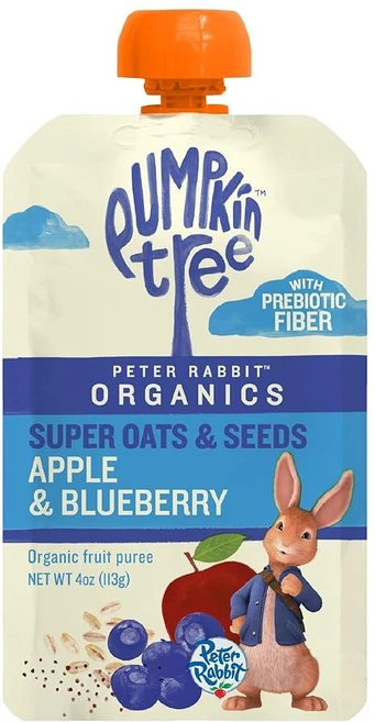 Pumpkin Tree Peter Rabbit Organics 슈퍼 귀리 & 씨앗 퓨레 스퀴즈 파우치 바나나 & 망고 118.3ml(4온스) (10팩), 애플 및 블루베리 - 쿠팡