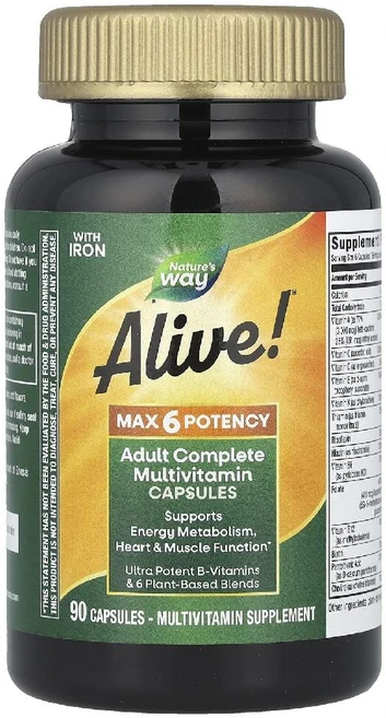 네이처스웨이 종합비타민 얼라이브 Alive Max 6 potency 철분 함유 캡슐 90정, 1개 - 쿠팡