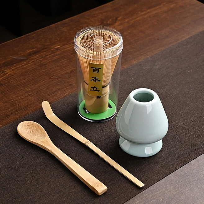 SimHm 말차 도구 세트 점차기 수공 차도 백본립 차선 받침 찻수저 찻숟가락 레트로풍 도자기 4종 세트, 4개, 말차용품