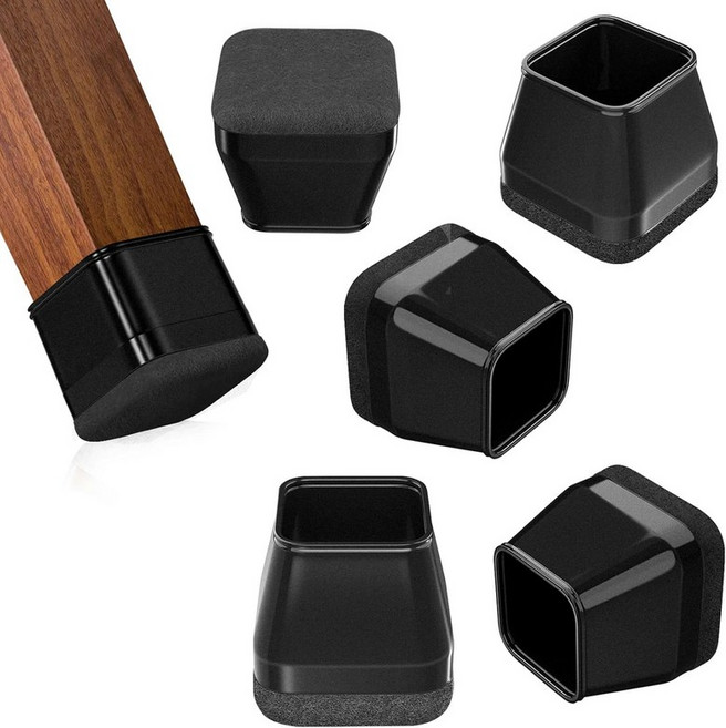 두꺼운 펠트 패드가 있는 16Pc 정사각형 의자 다리 바닥 보호대 실리콘 커버 캡으로 나무 타일 가구 발 소음 감소 (클리어 XL Fit 1.46-1.77"), Black, Small