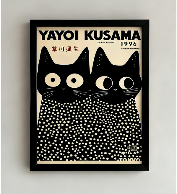 도쿄나이트 쿠사마 야요이 도트 아트 전시 포스터 액자 그림 인테리어 소품 (액자포함), 쿠사마 고양이 1996 (블랙 액자)