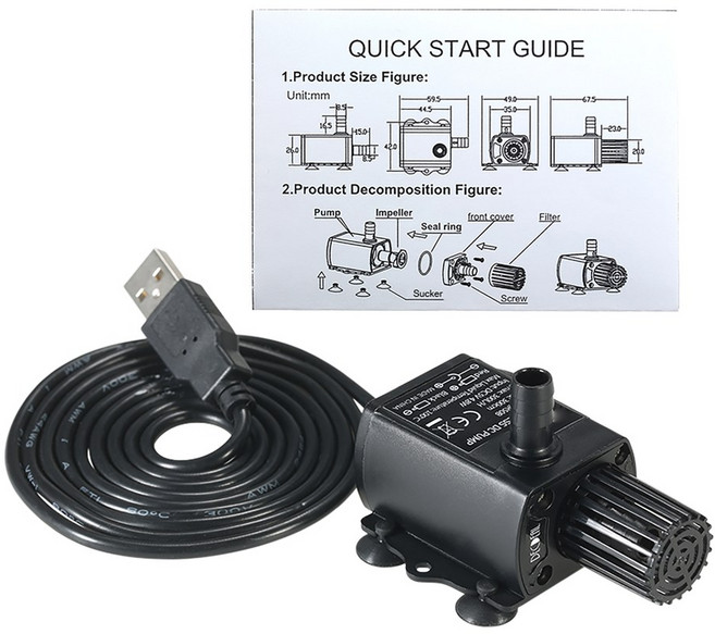 Deceal USB 초저소음 미니 브러시리스 워터 펌프 방수 수중 분수 수족관 순환 300L/H DC5V 4.8W, 1개