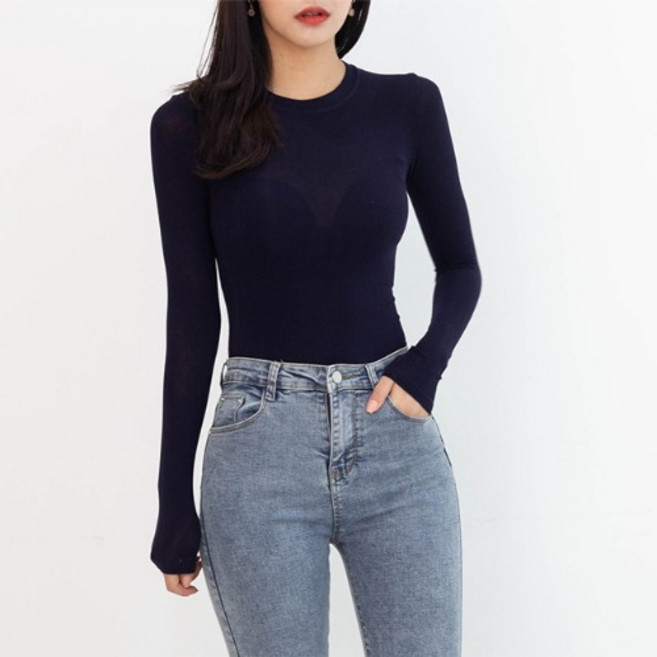 울 텐셀 시스루 라운드 긴팔 티셔츠