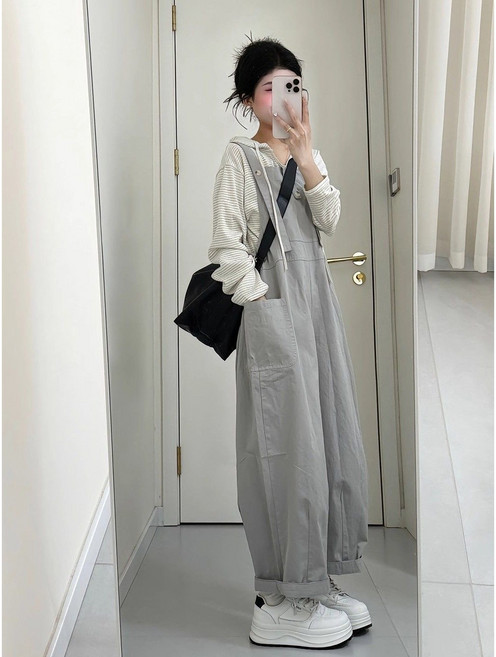 캐주얼 여성 멜빵 바지 봄가을 스쿨룩 데님 일자 와이드 팬츠 빈티지 슬림핏 여자 점프슈트 LJX