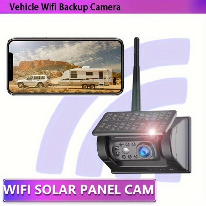 태양광 패널이 장착된 새로운 HD 100M 자석 무선 WIFI 백업 카메라 DVR 전면 및 후면 카메라 IOS 및 안드로이드 폰용으로 버스 밴 트럭 RV 자동차 사용 가능, 태양광 패널 자석 백업 캠
