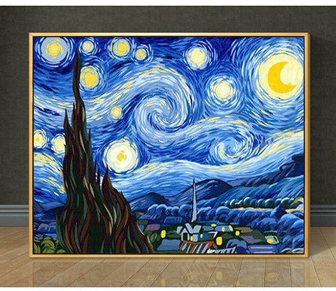 푸아이 실십자수 고흐 별이 빛나는 밤 프린트 도안 패키지 9/11CT 3D 자수세트 면실 실크실 명화, 친환경 면사 85x70cm 3가닥 32색, 1개