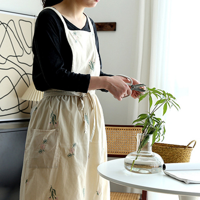 릴스베이 꽃무늬앞치마 꽃꽂이 가드닝 프로방스 어린이집 자수 앞치마, 그레이, 1개