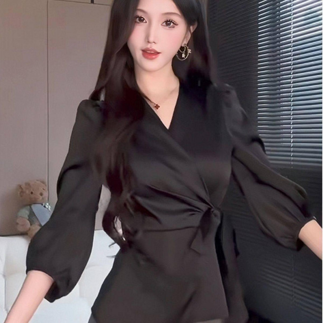 여성 봄 가을 브이넥 퍼프 새틴 셔츠 프렌치 스타일 실크 블라우스