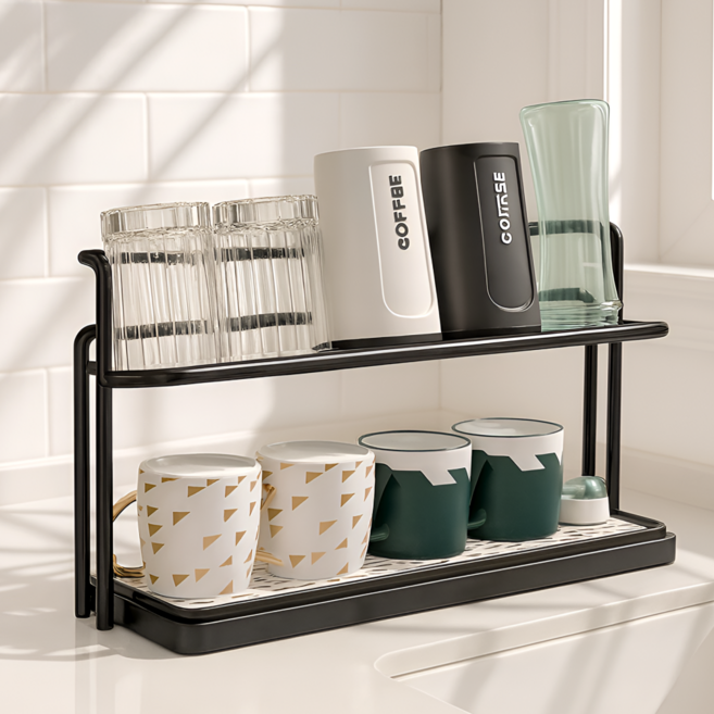 라라마을 업그레이드 완벽 물빠짐 컵보관 건조대, 1개, 블랙, 2단