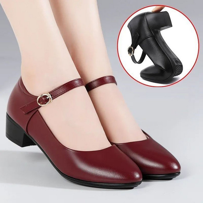 봄 가을 여성 메리제인 발편안 가죽 미들 힐 스트랩 버클 쿠션 로퍼 단화 구두 댄스화 컴포트화 3cm 4cm