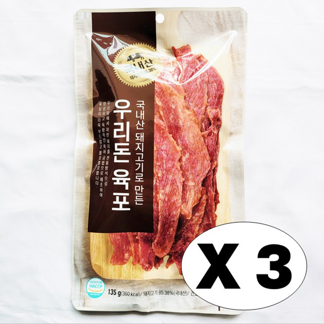 국내산 우리돈 육포 우리 돼지 전통 방식 육포 부드럽고 고소한 포크 저키 돼지고기육포, 3개, 135g