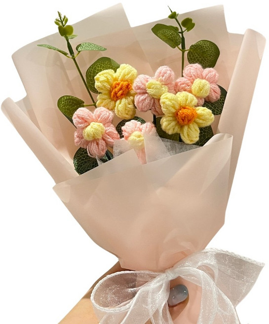 코바늘 데이지 꽃다발 핸드메이드 플라워_마음을 전하는 감성 선물, 1개, 핑크