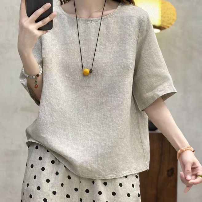 ROYALBELLE 여성 순수한 색상 면마 라운드넥 반팔티 캐주얼 데일리 티셔츠 M0073004