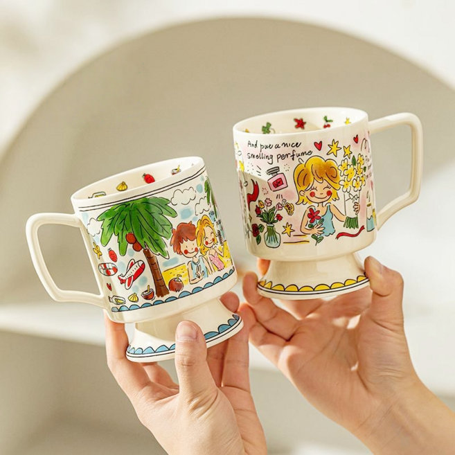 창의적인 일러스트 커플 머그컵 높은 비주얼 도자기 물컵 귀여운 여자 사무실 커피잔 450ml, 2개, 믹스컬러