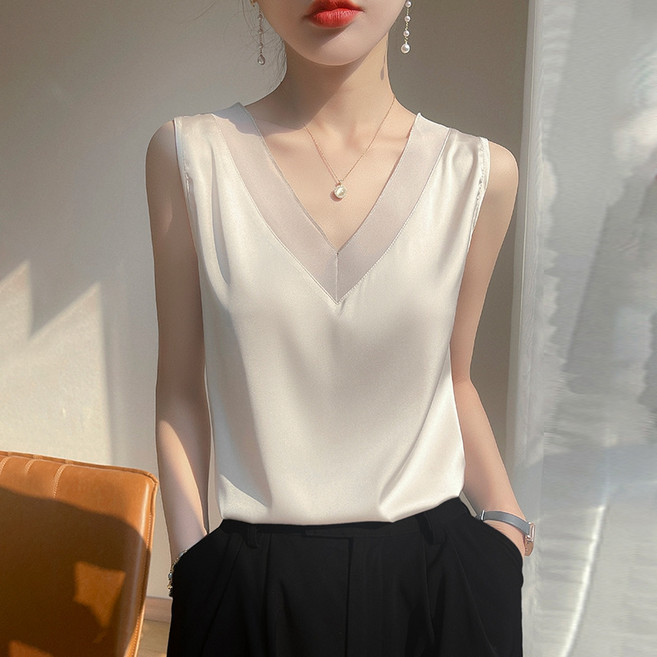 jieve 여성용 봄여름 실크 브이넥 슬리브리스티 심플 패션 스타일 SZ120447