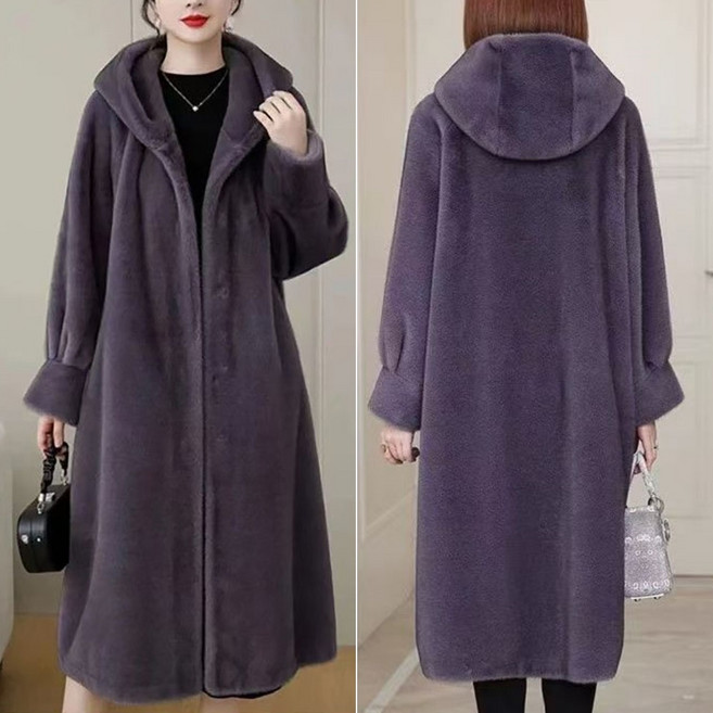 ROYALBELLE 여성 페이크퍼 포근한 후드 롱기장 인조피 패션 고급 하이퀄리티 코트 S0112620