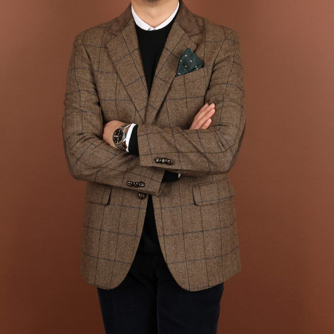 로얄수트 가을 겨울 엘보패치 헤링본 울 콤비 자켓 남자 블레이저 마이