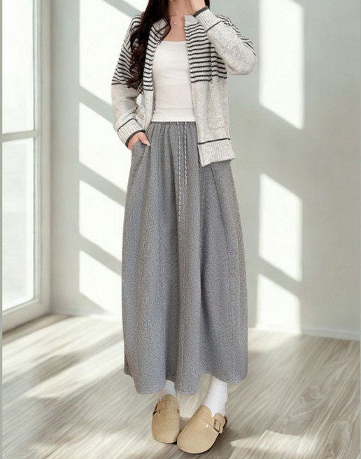 여성 부드러운 니트 버블 미디 롱 스커트 허리밴딩 스트링 하이웨스트 벌룬 롱스커트 데일리 와이드 긴치마 루즈핏 가을 봄 치마