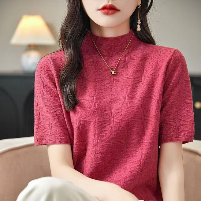 중년여성 반폴라 니트 반팔티 봄가을 간절기 스판 엄마룩 스웨터 무드 레깅스 패션 기질 슬림핏 하객룩 아우터 상의