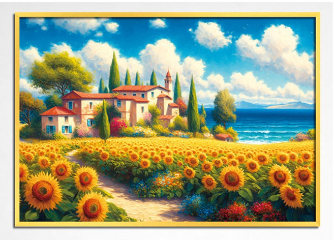 해변마을의 해바라기 꽃밭 1000피스 직소퍼즐액자 LP10-1004, 1개, 퍼즐+알루미늄골드액자