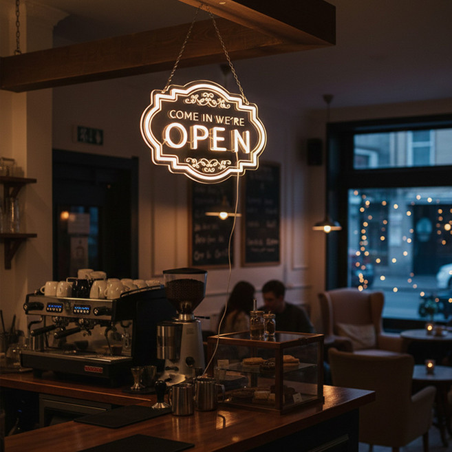 HK Sell 징크 OPEN 네온사인 어댑터 영업중 LED 간판 아크릴 오픈 매장 인테리어 조명 LED, 웜화이트