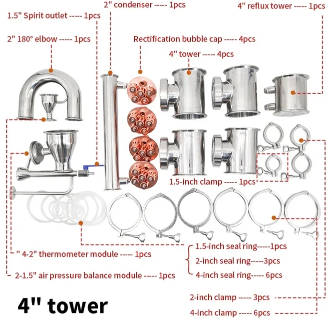 HOOLOO 2/3/4 인치 스테인레스 스틸 컬럼 키트 식품 등급 위생 증류 홈 브루 문샤인 위스키 보드카, 01 4 inch column