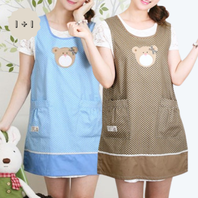 스위트베어 앞치마 / [1+1 이벤트가] 예쁜 국산 면 유치원 어린이집 요양보호사 원피스 단추형 선생님 보육교사 단체 앞치마, 1개, 블루+브라운