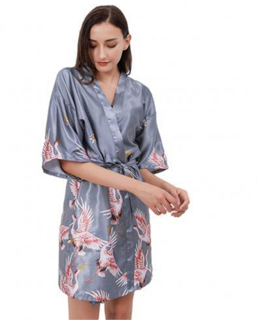 로브 가운 홈웨어원피스 로브가디건 가 여름 여성 얼음 실크 패브릭 레이디 잠옷 크레인 플라워 프린트 짧은 목욕