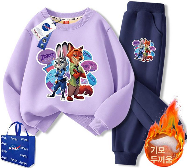주토피아 맨투맨 티셔츠 주디 추리닝 동물 캐릭터 세트 상하복 기모 바지 겨울, 조합형 퍼플+다크네이비