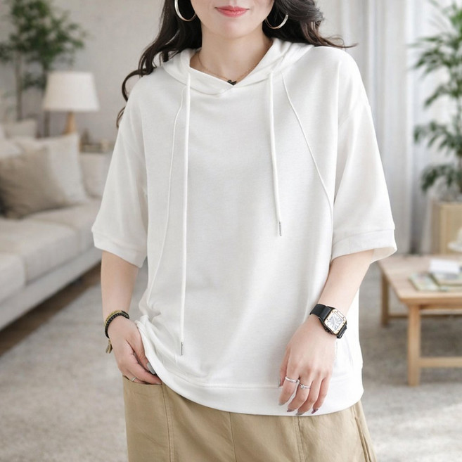 루미빈 여성 순면 후드 프린트 루즈핏 반팔 티셔츠