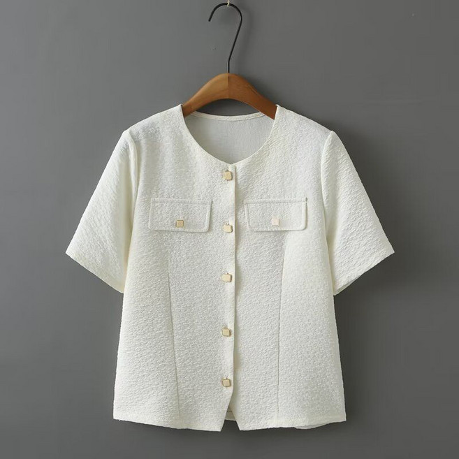 프렌치 여자 반팔 트위드 자켓 빅사이즈 루즈핏 라운드넥 반팔 셔츠 카디건 여름 여성 상의 YJW