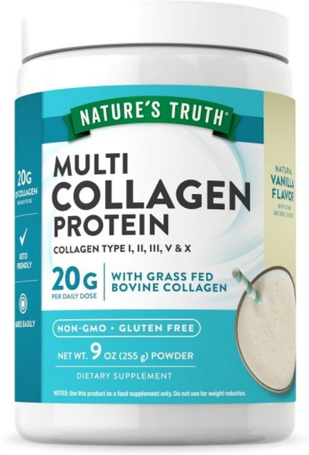콜라겐 피부 히알루론산 자연 진실 멀티 단백질 파우더 | 9온스 잔디 사료 펩타이드 유형 V & X 비GMO 글루텐 프리 바닐라 향, 1개, 255g - 쿠팡