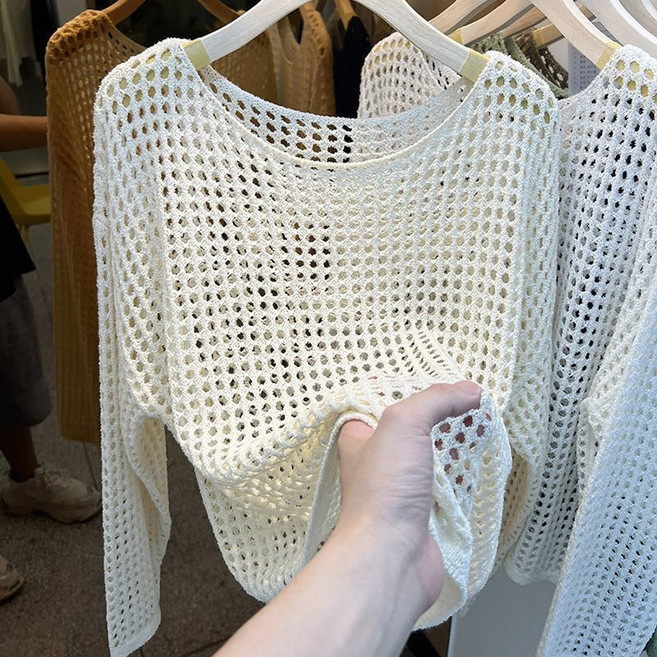 Makone 여성 라운드넥 긴팔 펀칭 니트 블라우스 캐주얼 심플 솔리드 메쉬 티셔츠