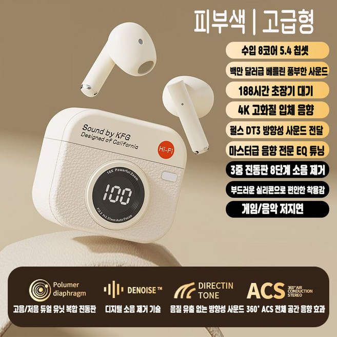 레트로 카메라 디자인 무선 블루투스 이어폰 전력 표시 통화 소음 차단 장시간 재생 블루투스 5.4 고음질 편안한 착용 저지연 게임용 ENC 무선 이어폰, 흰색