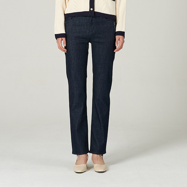 [잠뱅이] 여성 빈티지 오비안밴드 다트&핫픽스 노멀워싱 긴기장 스트레이트 데님 팬츠 빈티지