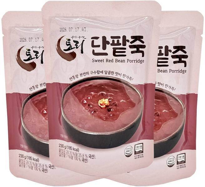 토리식품 그 옛날 단팥죽 구수하고 달콤한 100% 국산팥 전통 동지팥죽 간편죽, 3개, 230g