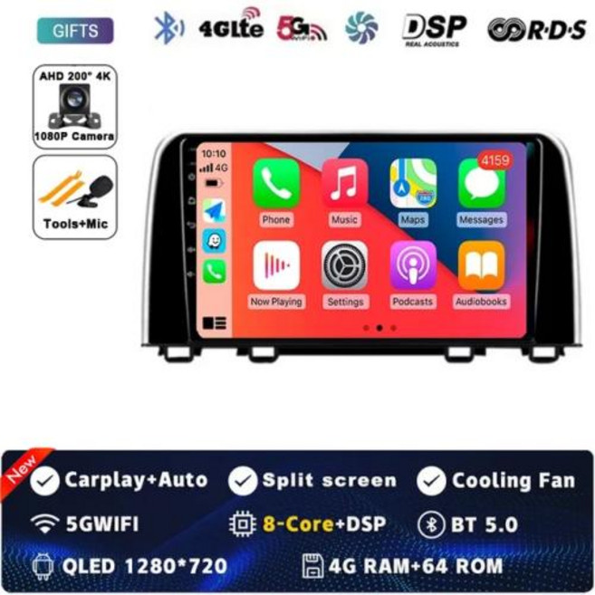 혼다 CRV 2017 2018 2019 2020 2021 2022 멀티미디어 비디오 플레이어 내비게이션 GPS 카플레이 QLED 스테레오 와이파이 안드로이드 14 자동차 라디, 1개, 4) 4G-64G CAM