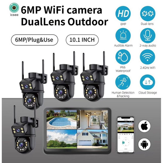6MP 雙鏡頭戶外WiFi攝影機，10.1吋觸控顯示螢幕，手機遠程無線監控, 1個