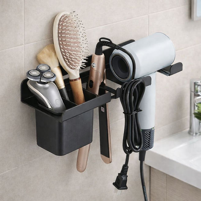 홈킹 올인원 드라이기 고데기 빗 거치대 세트 무타공 타공, 1개, 블랙