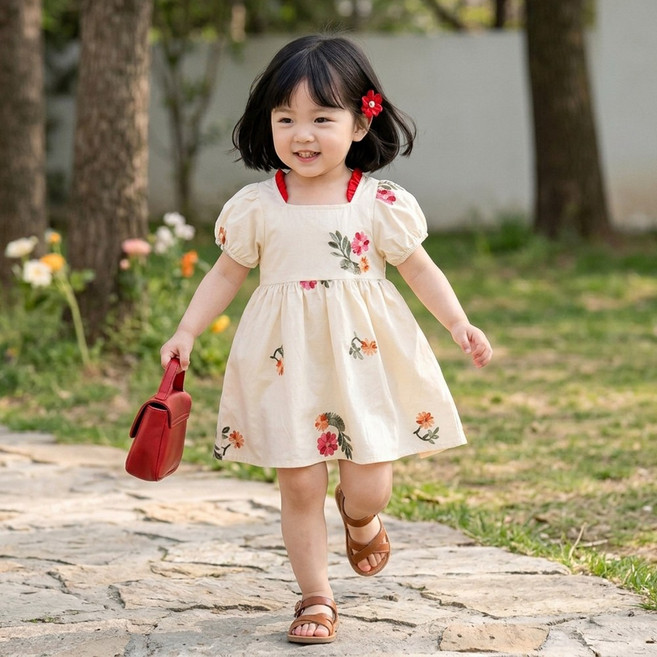 몽실이 꽃자수 퍼프소매원피스