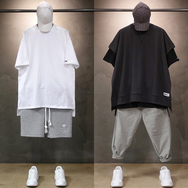 오버홀릭 세미 오버핏 롱 트임 반팔티 남성 데일리룩 남자 무지 티셔츠 면 여름 커플 시밀러룩