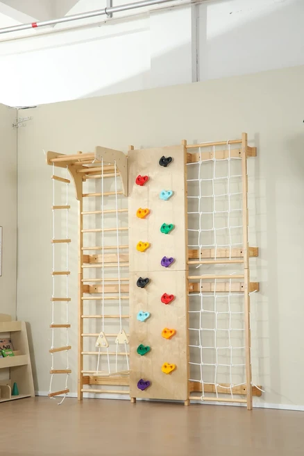 9 in 1 클라이밍 월 게임 어린이용 나무 클라이밍 프레임 체육관 세트 교육용 실내 장난감 어린이 스포츠, 01 라이트 그레이