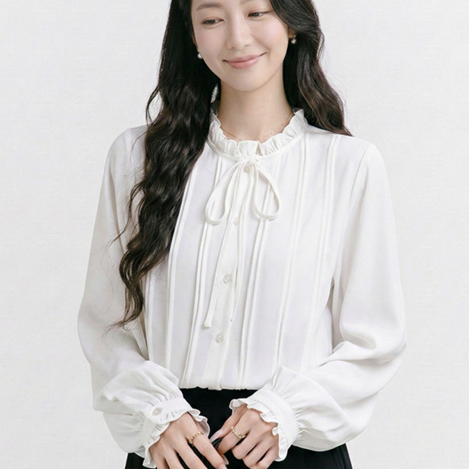 나바바 NB3081 여성 로맨틱 러블리 셔링 프릴 리본 긴팔 블라우스