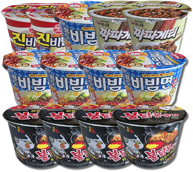 삼양 불닭볶음면 큰컵 105g 팔도 비빔면 컵 115g 농심 짜파게티 큰사발면 123g 오뚜기 진비빔면 134g, 1박스