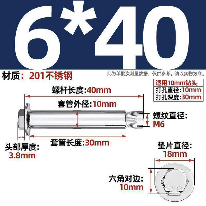 201/304不鏽鋼外六角膨脹螺絲 M6, 1個, 201不鏽鋼材質,M6*40 10支