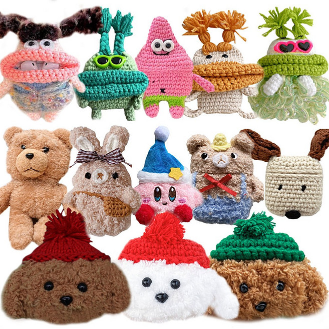 에어팟4 세대 귀여운 강아지 곰돌이 토끼 동물 캐릭터 인형 뽀글이 니트 뜨개질 털 케이스 파우치, map1342 c