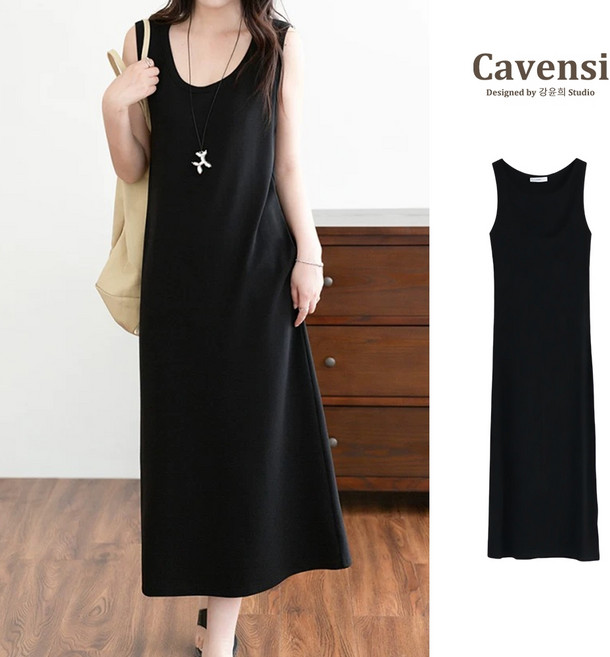Cavensi 無袖休閒洋裝 涼感莫代爾大尺碼長洋裝, 顯瘦黑色,L（建議45-60公斤 ）