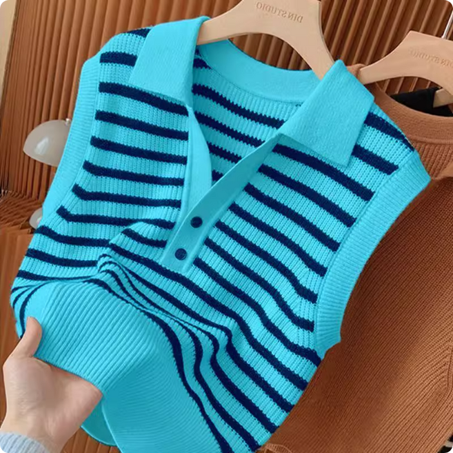 쌍천 가을 새로운 여자 골프 탑 얇은 실크 줄무늬 니트 조끼 여자칼라 민소매 탑 의상 캐주얼조끼 골프조끼 A25092515