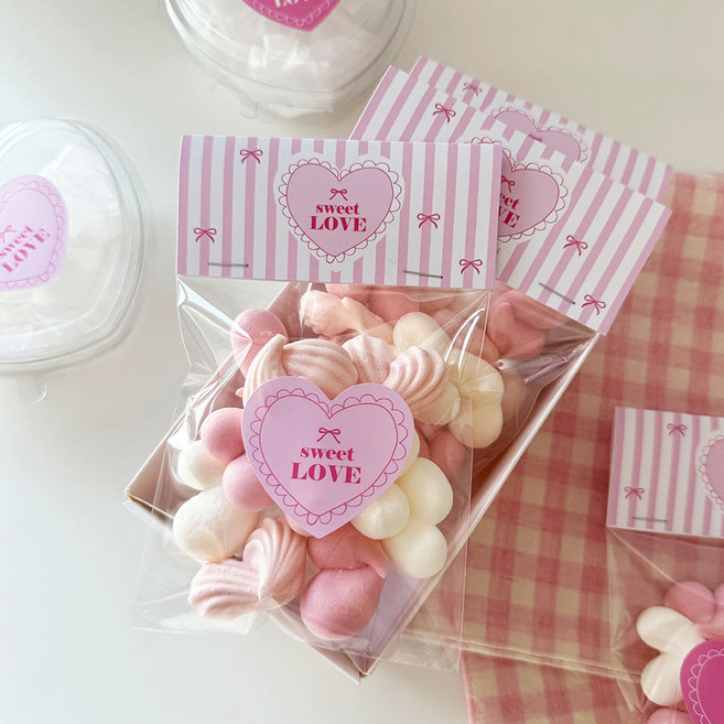 러브 핑크 헤더택 디저트 답례품 사탕 쿠키 포장택 OPP봉투포함, 50개