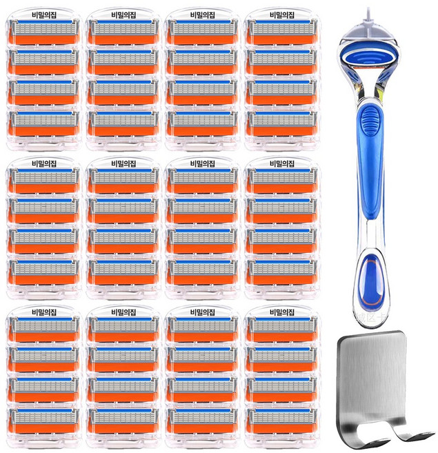 비밀의집 5중 면도날+면도기+거치대 OR-301 질레트 퓨전 매뉴얼 호환, 12개, 4개입